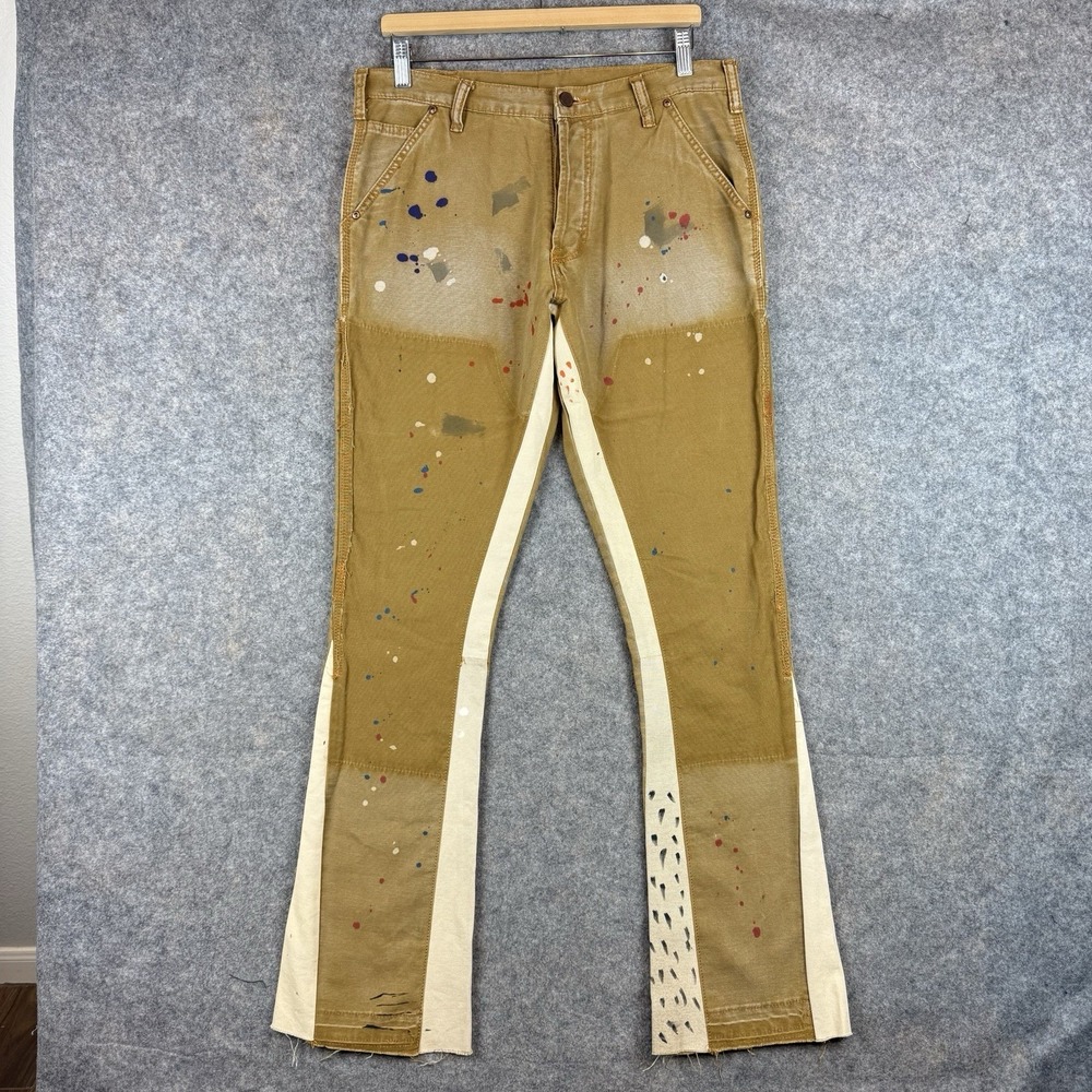 MNML Jeans Mens 31x34 Brown Paint Splatter Grunge Carpenter Thrashed Streetwear